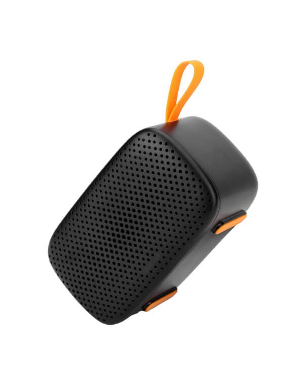Nexora PodBeat Mini black waterproof Bluetooth speaker with orange carry strap