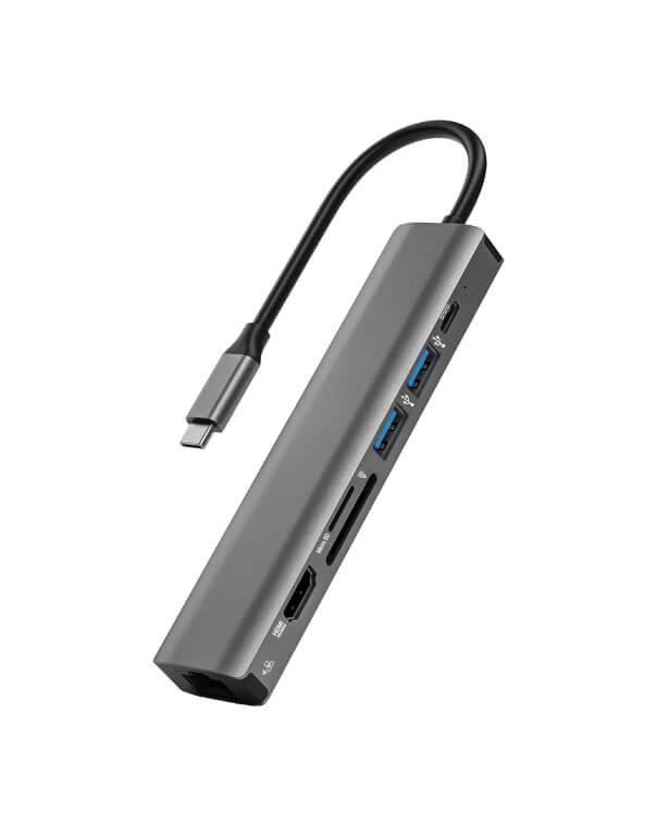 Nexora 6-in-1 USB-C hub in grey aluminium finish with ports visible