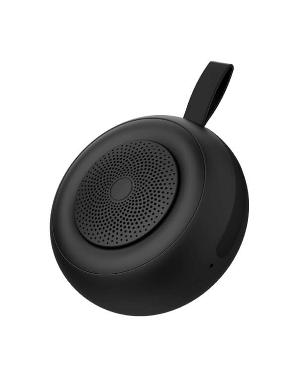 Nexora OrbBeat round black portable Bluetooth speaker with carry loop